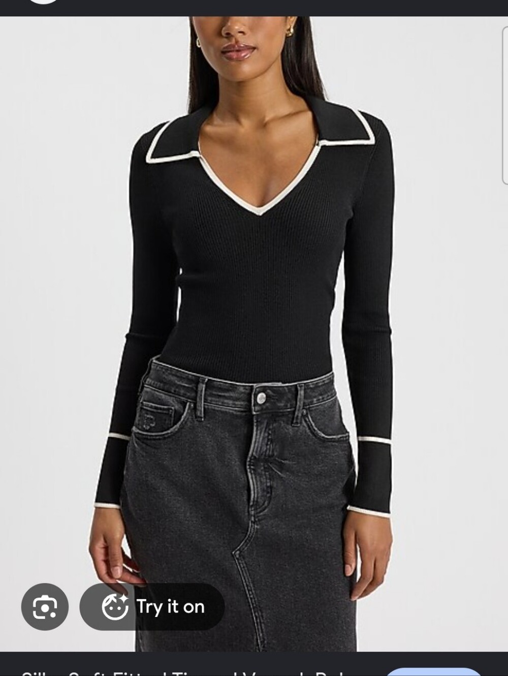 Express Silky Soft Fitted Tipped V Neck Polo Sweater Small S Black White Stretch